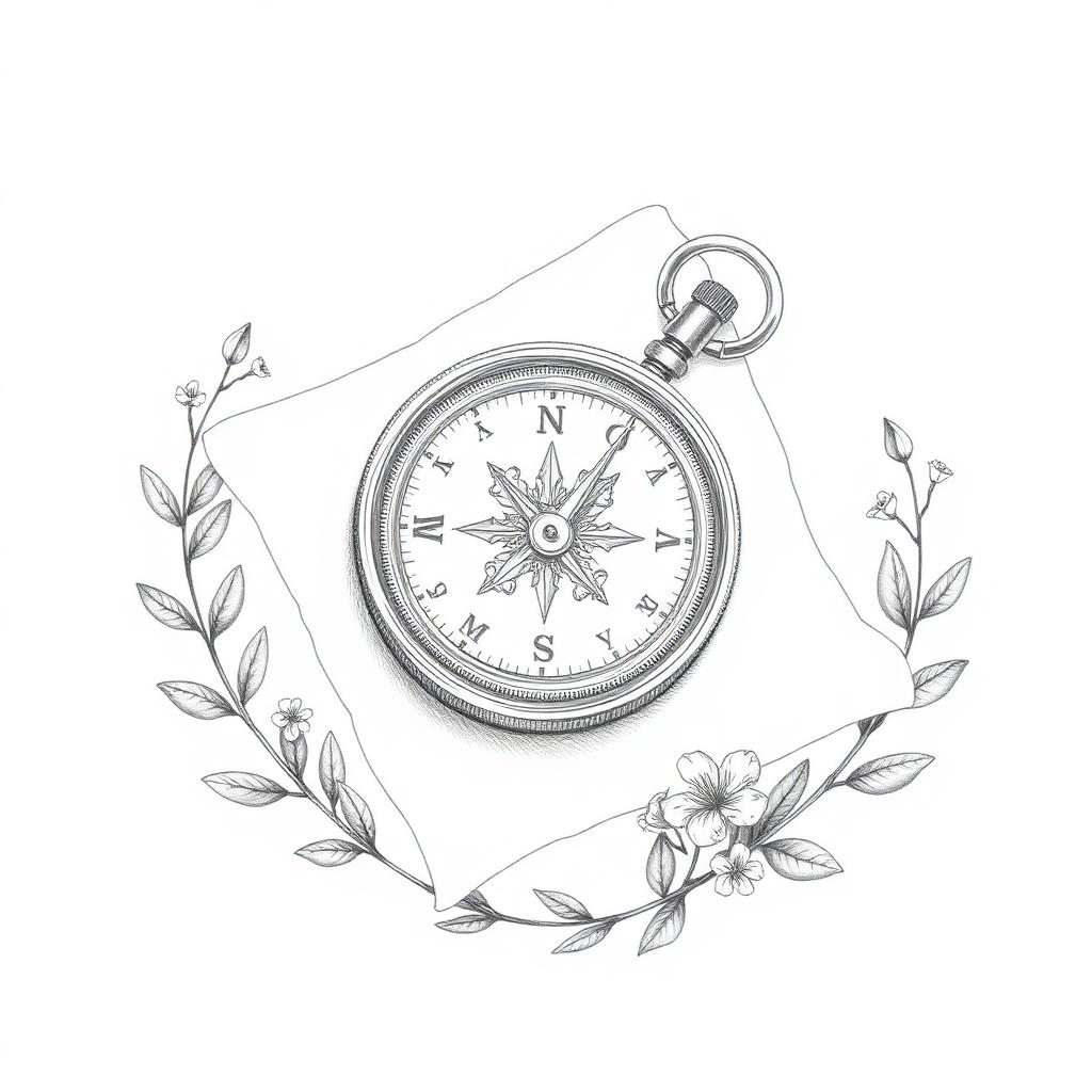 Compass on parchment with vines